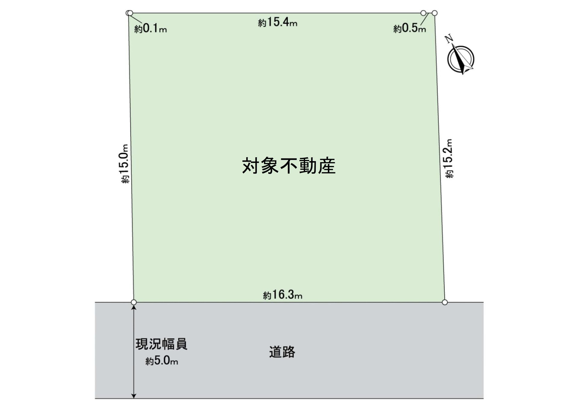 是區劃圖。土地面積246.84平方公尺(約74.66坪)正面寬度約16.3m，西南一側面向道路。