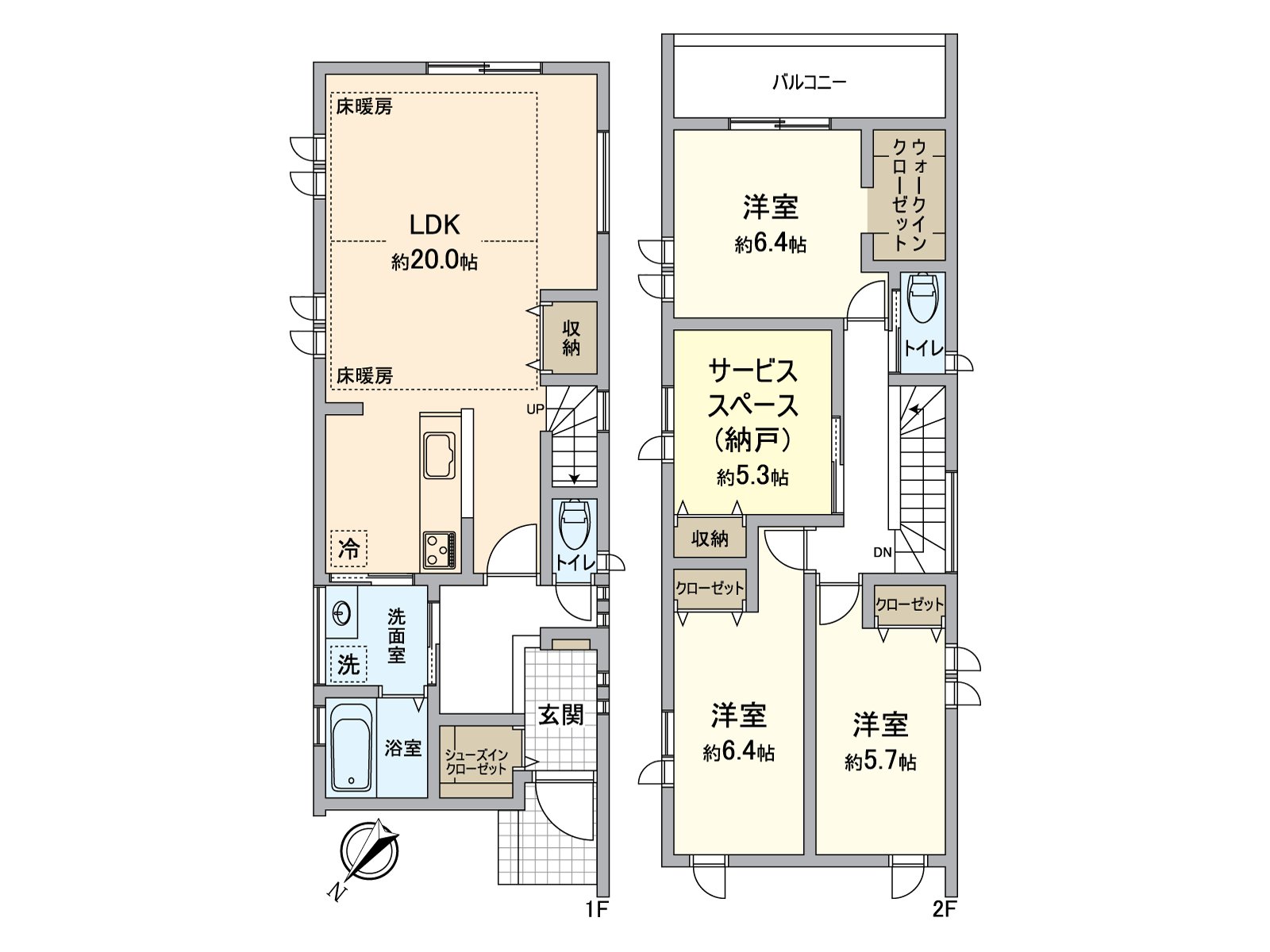是本房屋的平面圖。地板暖氣被完全具備的有約20.0張塌塌米的LDK具有特徵性。正寬敞做，冬天舒適地增長，增長，可以度過。