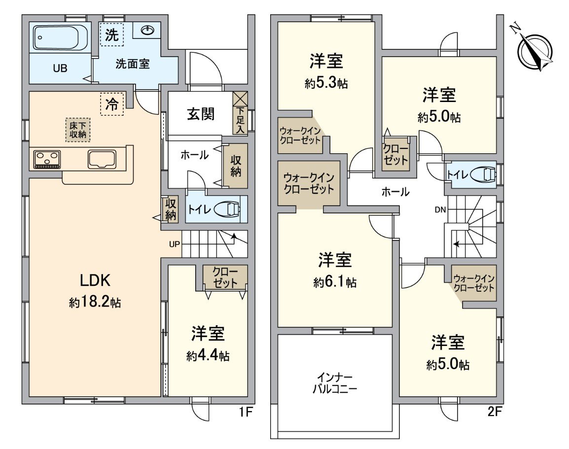 有～房型图～全居室收纳的5LDK的房型。2楼有3个地方步入式衣帽间。