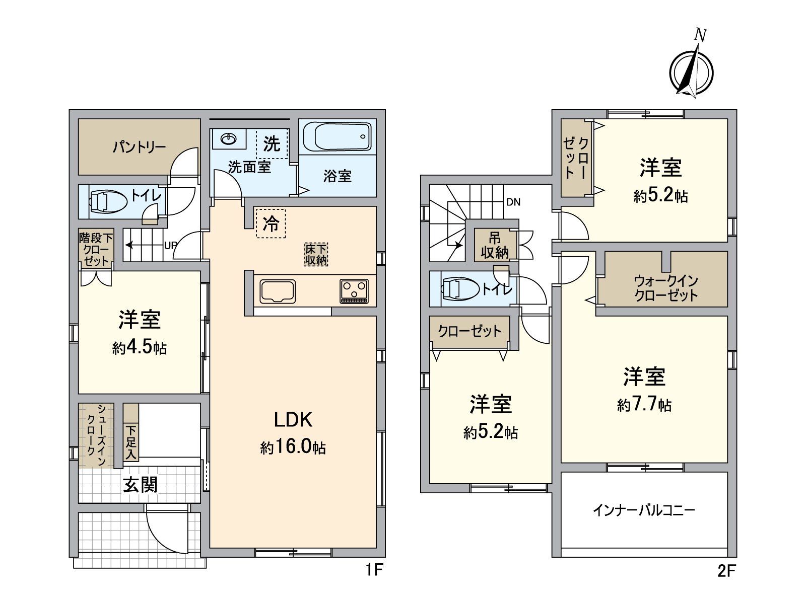 是表示全體房屋的版面設計的平面圖。內部陽台在南側在2樓，收納是作為豐富的便利的房型。