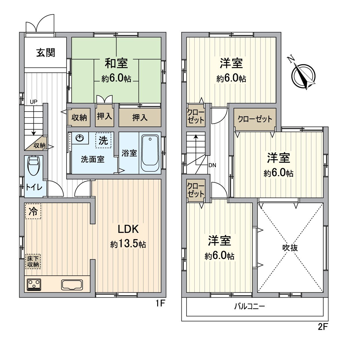 [戶型平面圖]建築面積136.52平方公尺的4LDK。能用約6.0張塌塌米全居室舒適地渡過。
