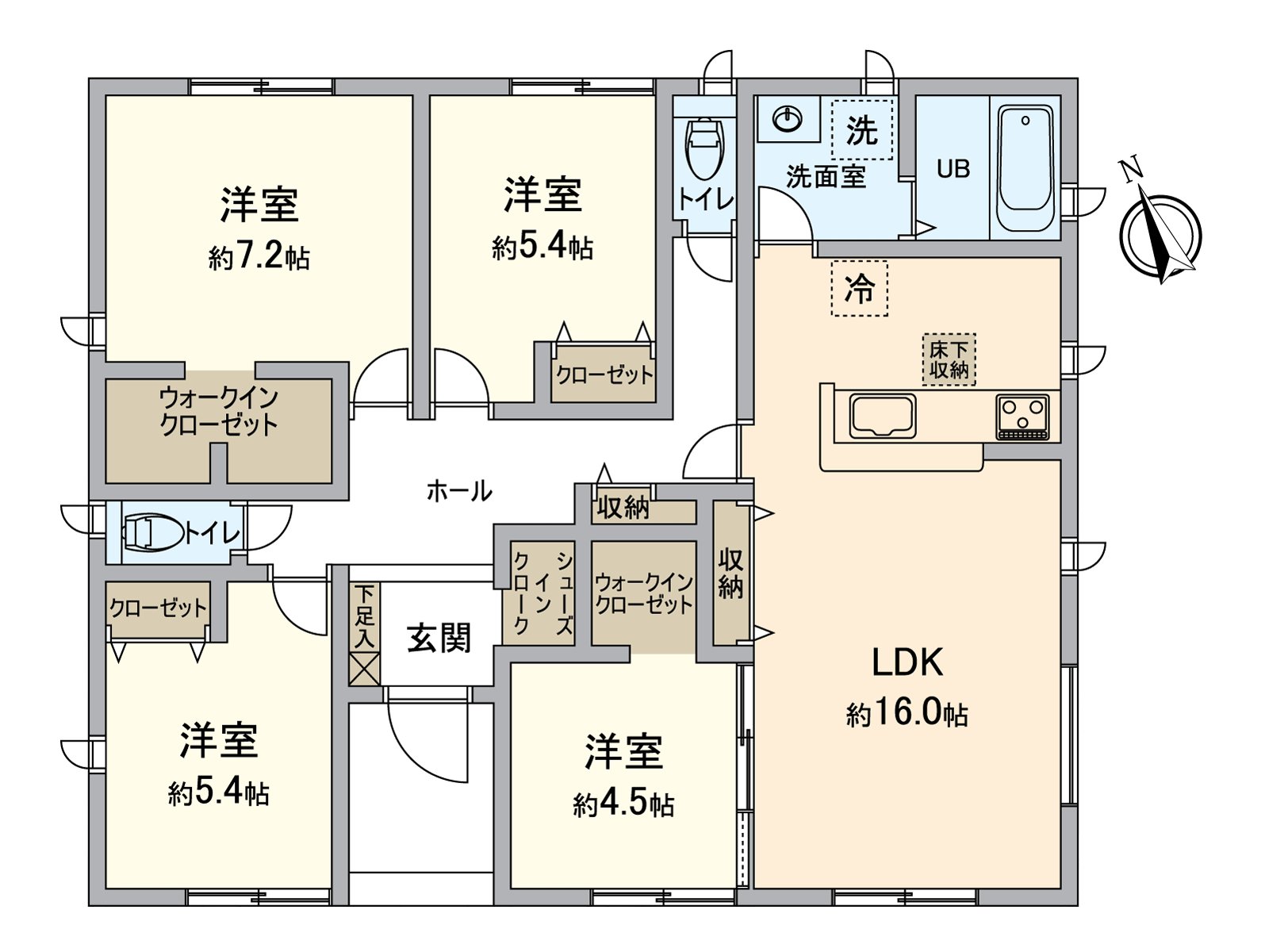 ～房型～建築面積約95.73平方公尺(約28.95坪)的4LDK+嵌入式衣櫃2個地方+步入式鞋櫃