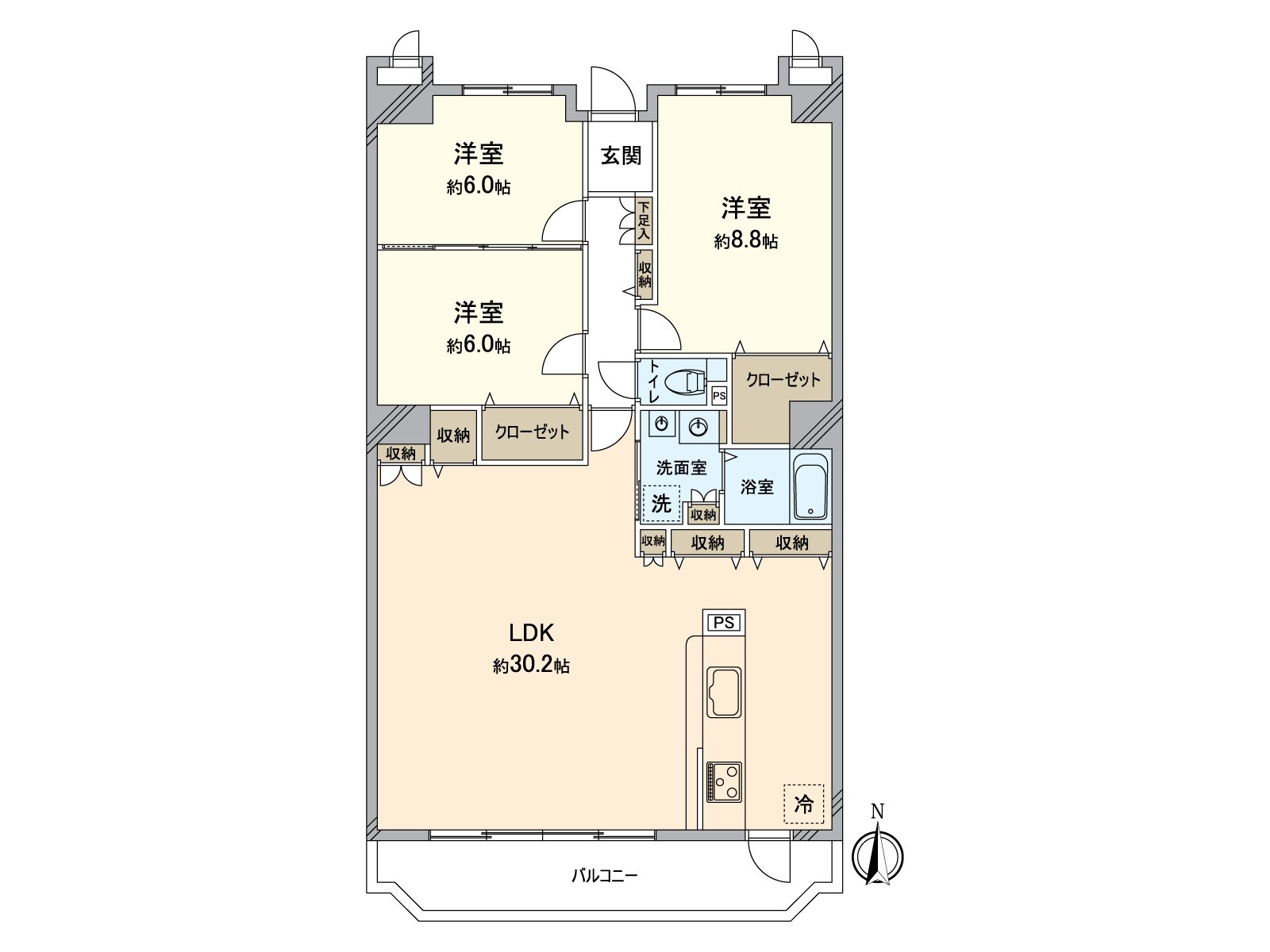 是3LDK的房型。约30.2张塌塌米也是某一个LDK有特征的房间。