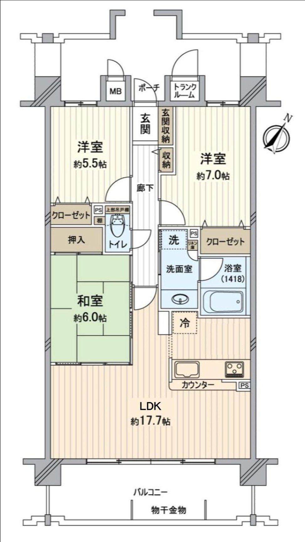 ～平面圖～私人使用面積約79.27平方公尺(23.97坪)，陽台面積約13.40平方公尺(約4.05坪)3LDK的房型。