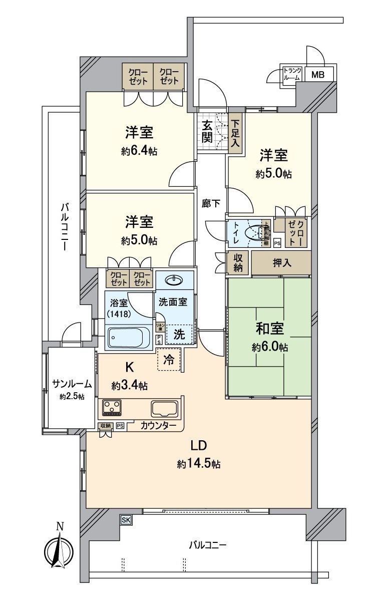 有实际使用面积约93平米的4LDK的采光房，日光浴室，便于冬天的洗衣。