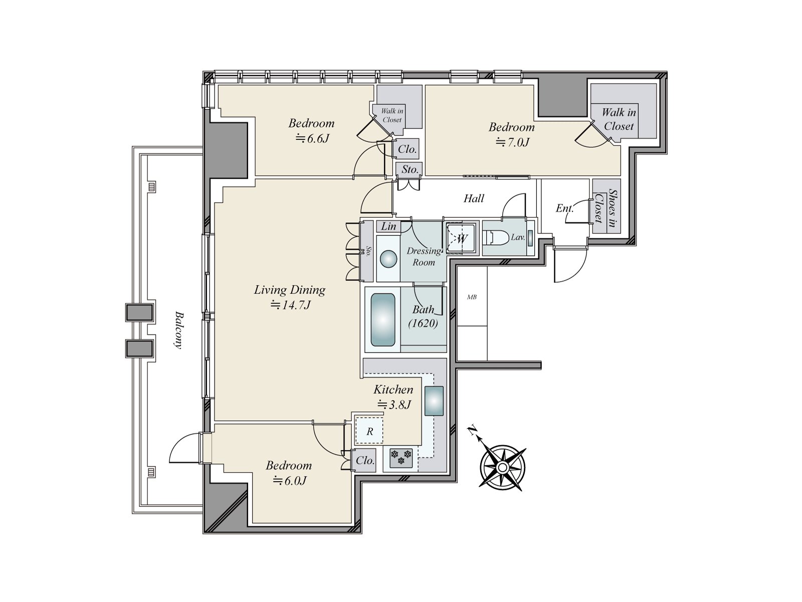 19楼部分东北、西北采光房86.36平米，3LDK