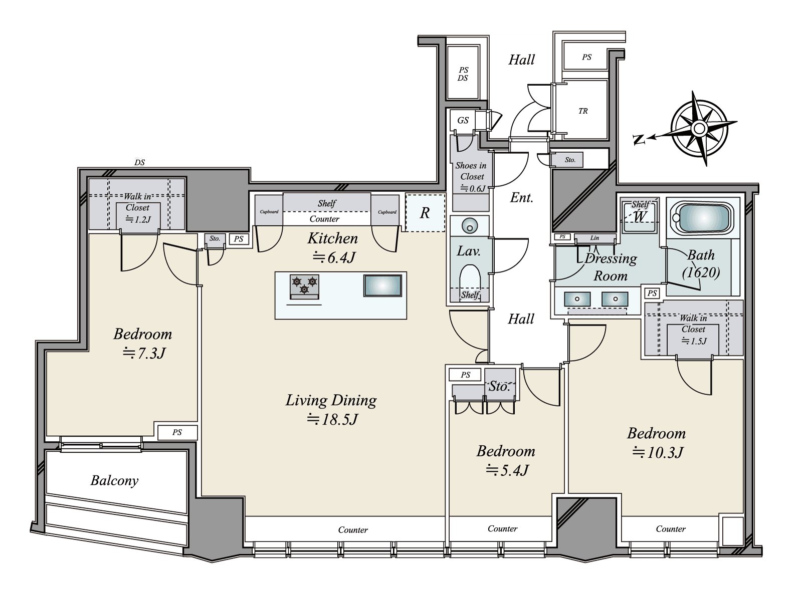 Mainly on the Layout living and dining room which showed a layout of the whole Properties, three bedrooms and island kitchens, two walk-in closets locate it
