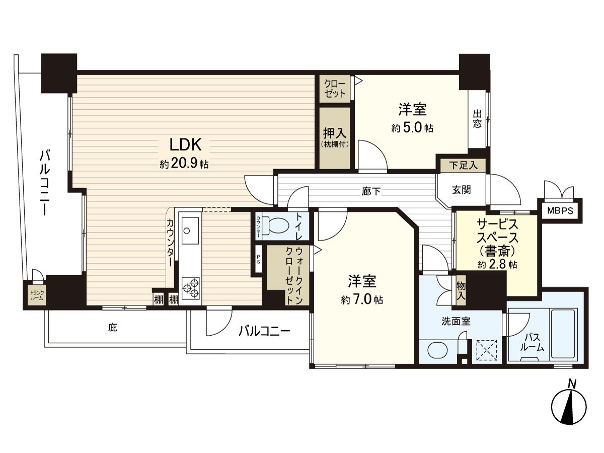 约20.9张塌塌米LDK，西南边角房，非居室约2.8张塌塌米有。在浴室是有窗的计划。