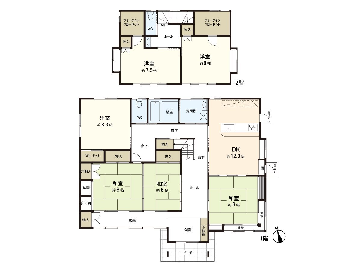 The 6DK house which can feel the sum. Let alone securing of ventilation, I secure a line of flow which is easy to live because I can go through it from 1F west Japanese-style room.