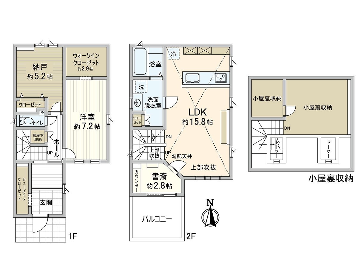 是兼備明亮和隱私性的2樓生活。小房間背後收納收納力也是豐富的計劃。