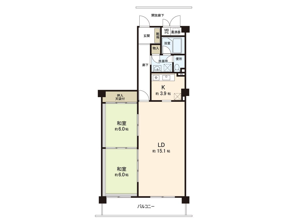 Opening-like space spreads out in LDK about 15.1 quires. It is gets plenty of sunlight in Facing South terrace.