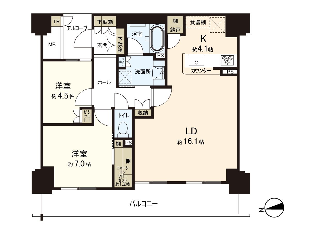 是客厅扩充型的2LDK计划。是有在采光方面为wide span优秀的开放感觉的室内空间。