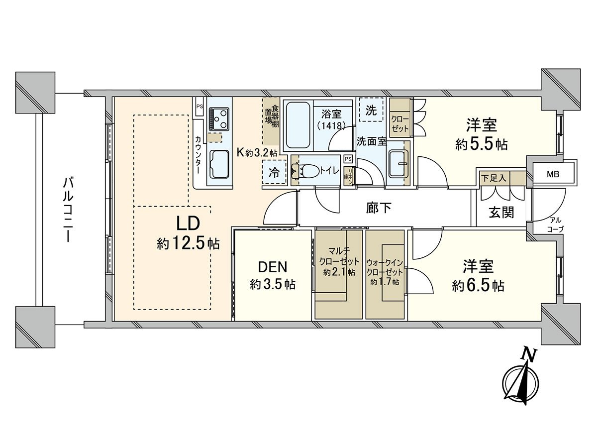 是有明亮的卧式客厅计划。能用于客厅邻接的多彩性上的书房以及两个大型收纳是魅力