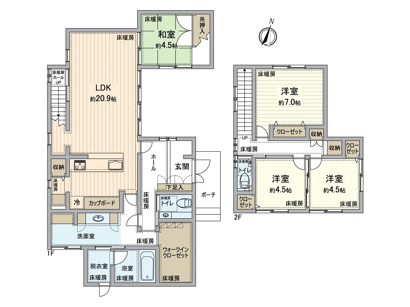 It is available 2nd floor, the extensive house of about 37 tsubos to 1st considered to a housework line of flow, family constitution. I create warm house space in clean without dust dancing by floor heating in all facilities.