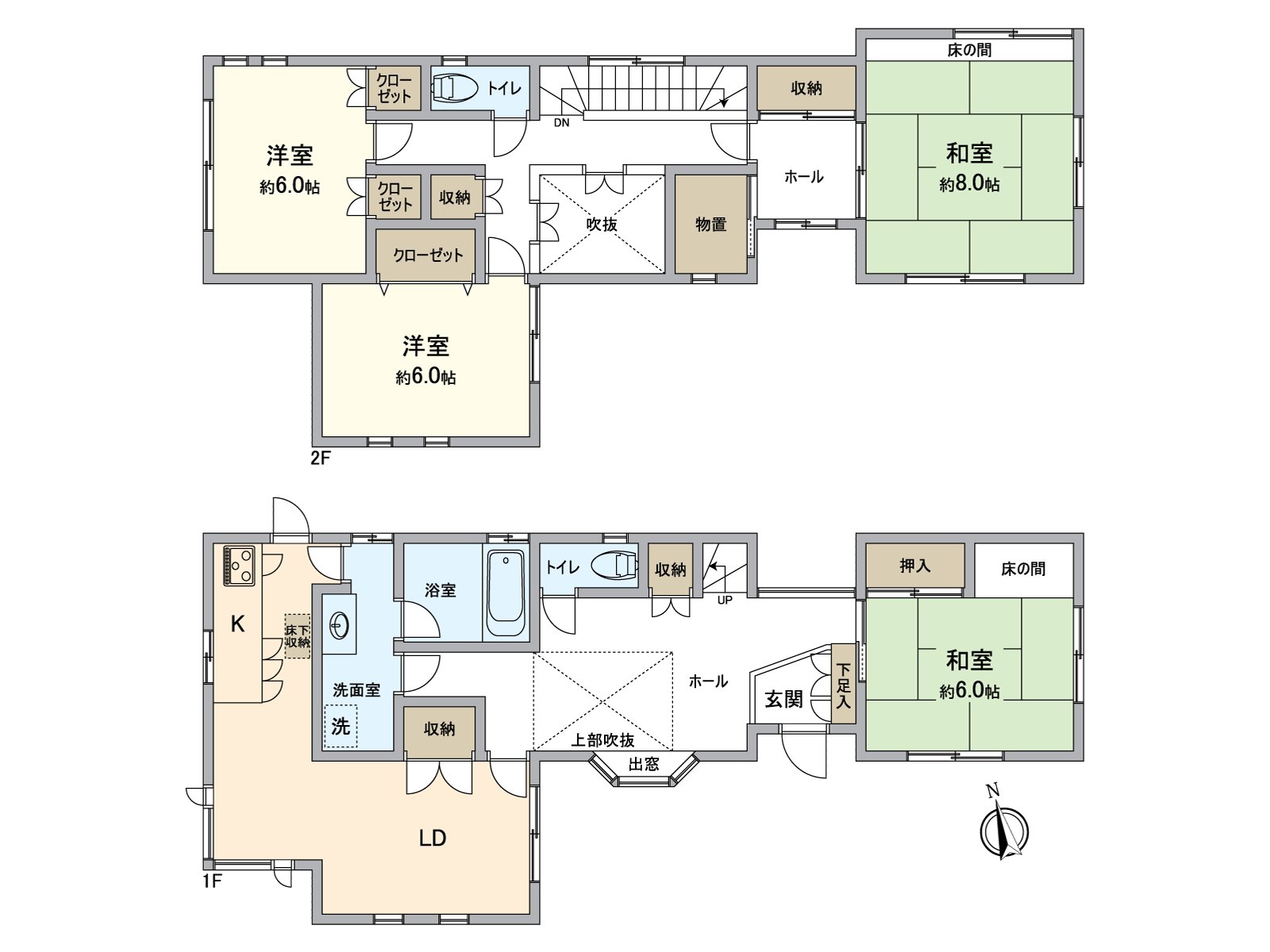 收納設備豐富的4SLDK的房型。是朝南，光照好的透天房。