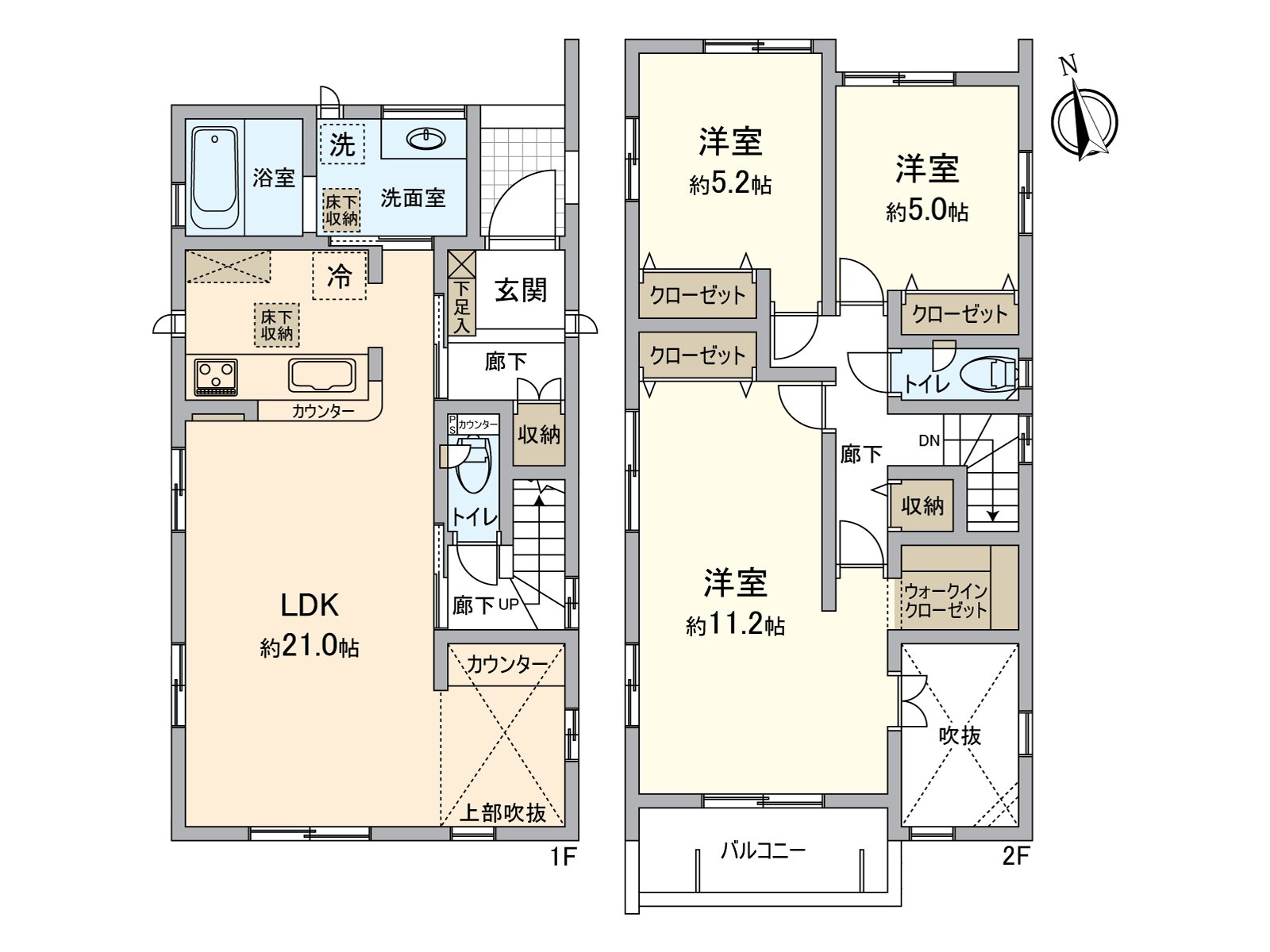 The 3LDK which is recommended to the family. I can separate about 11.2 quires of Western-style rooms of the 2nd floor.