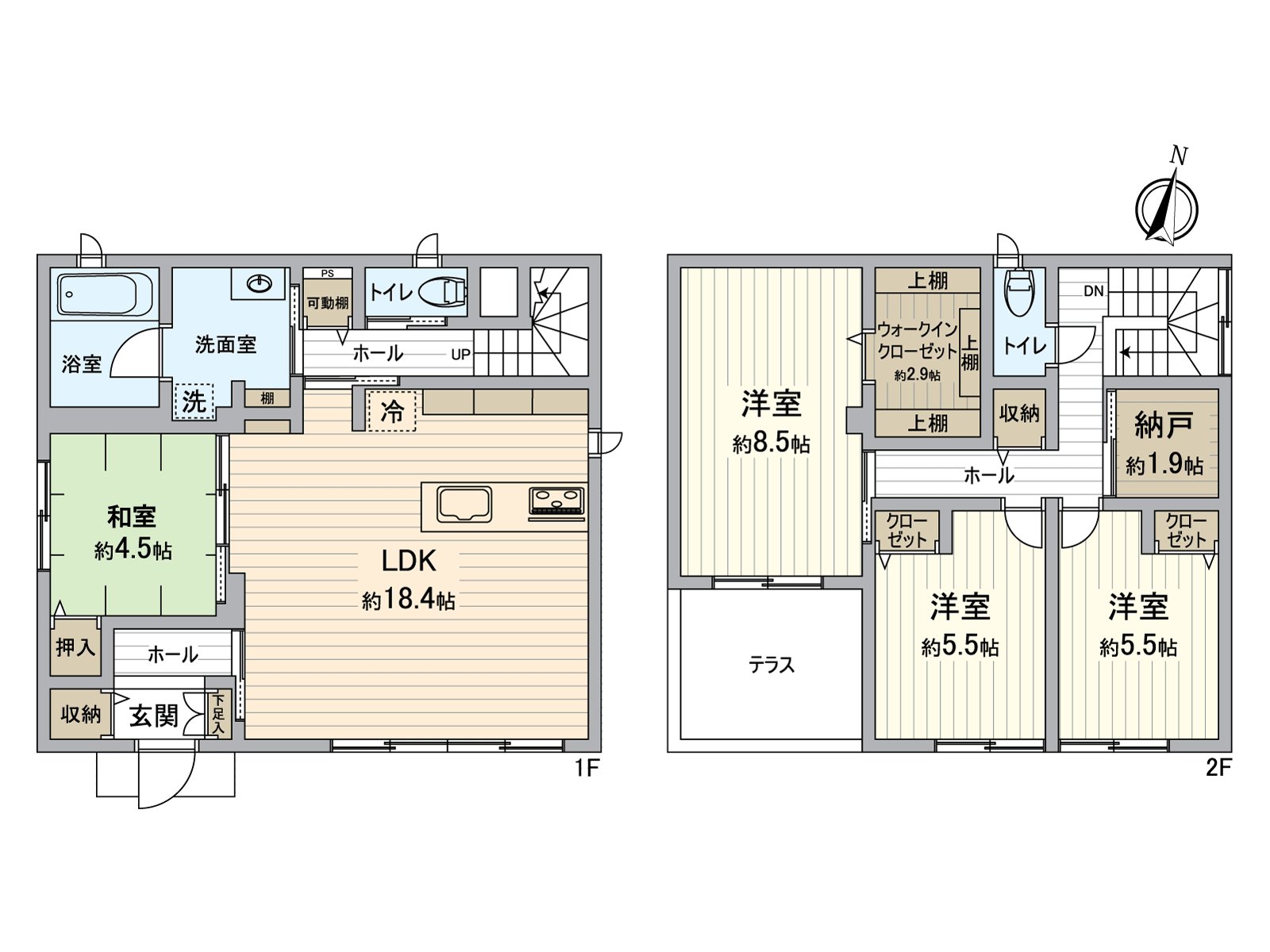 約18.4張塌塌米LDK和有寬鬆的空間的4SLDK。嵌入式衣櫃或者儲藏室室內到處有收納，能和感覺清醒保持住空間。