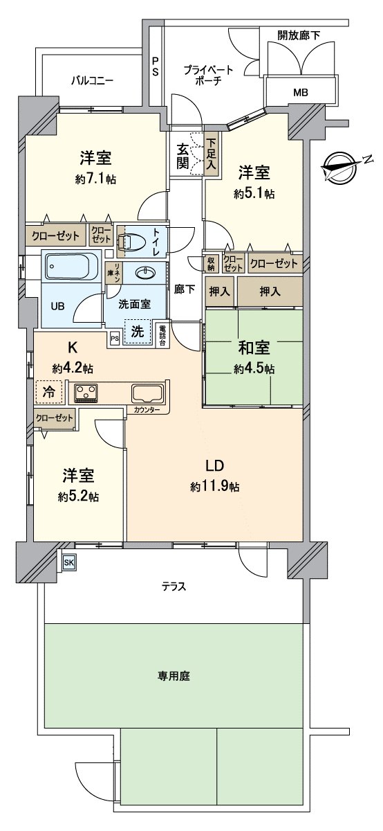 是有私人的門的4LDK的房間。