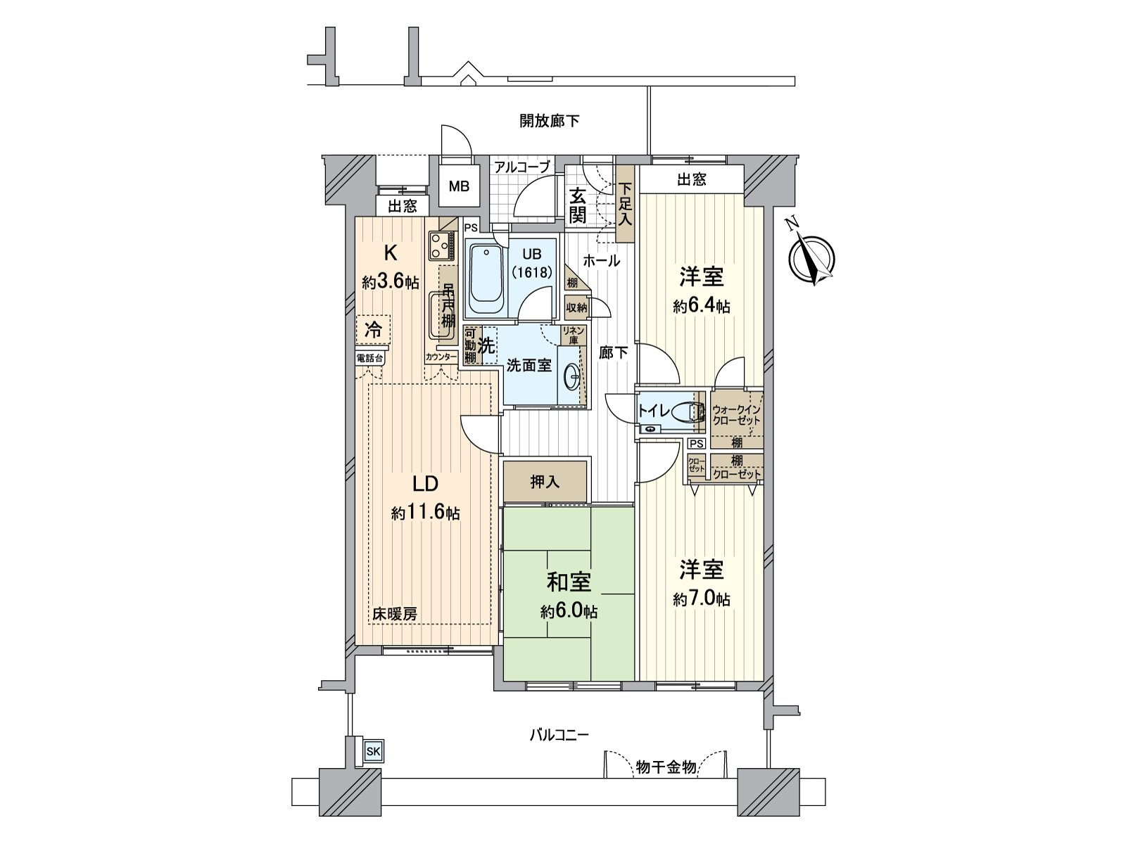 超過6張塌塌米所有房間的有寬鬆的空間的3LDK。是光照、風景、通風在12樓朝南西好的房間。