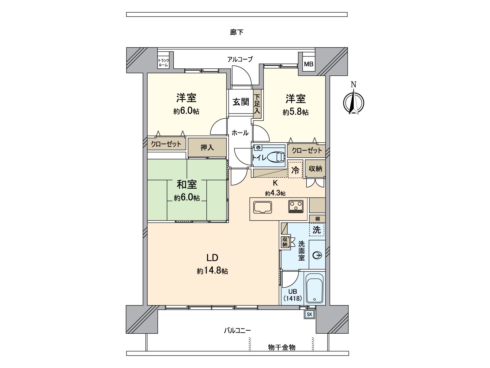 收纳设备丰富的3LDK的房型。是朝南的13楼的风景、光照好的房间。
