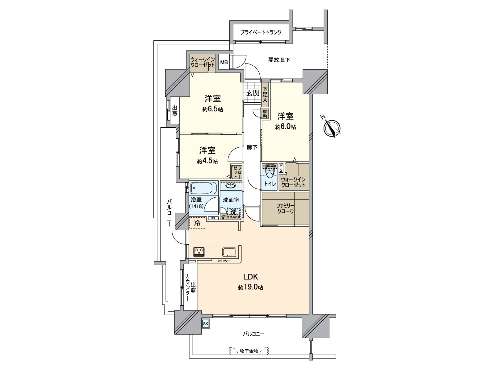 It is Plan of the 3LDK which storage space including the storing of the family closet ･ storage room ･ each room has abundant.