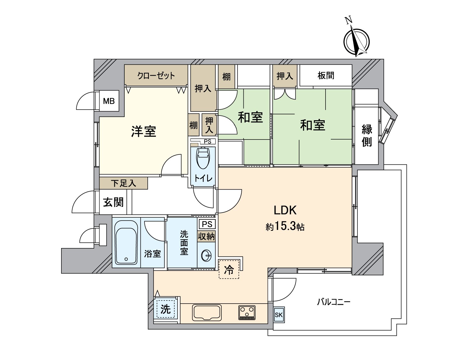 適合陽光、通風良好度的東南的住戸。是茶室，有廊子的3LDK的房間。