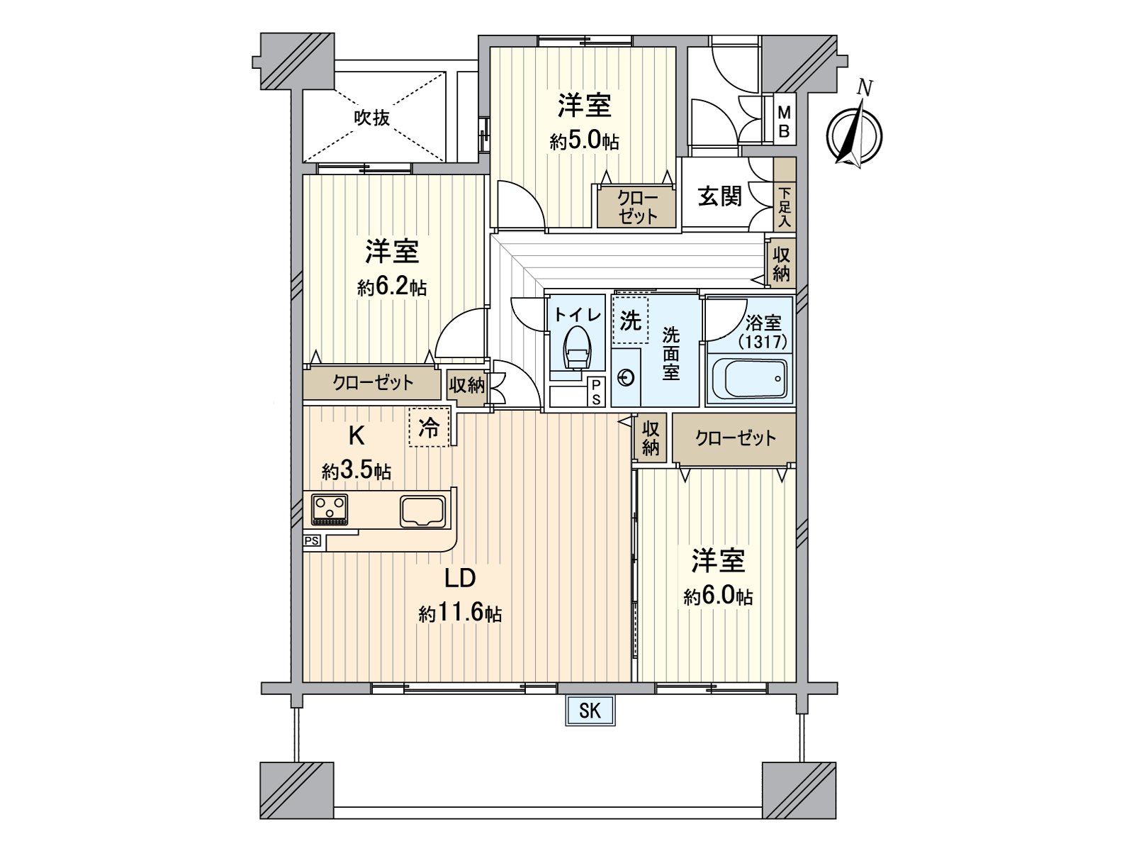 收纳设备是丰富的3LDK的房型。是朝南的7楼的风景、光照好的房间。