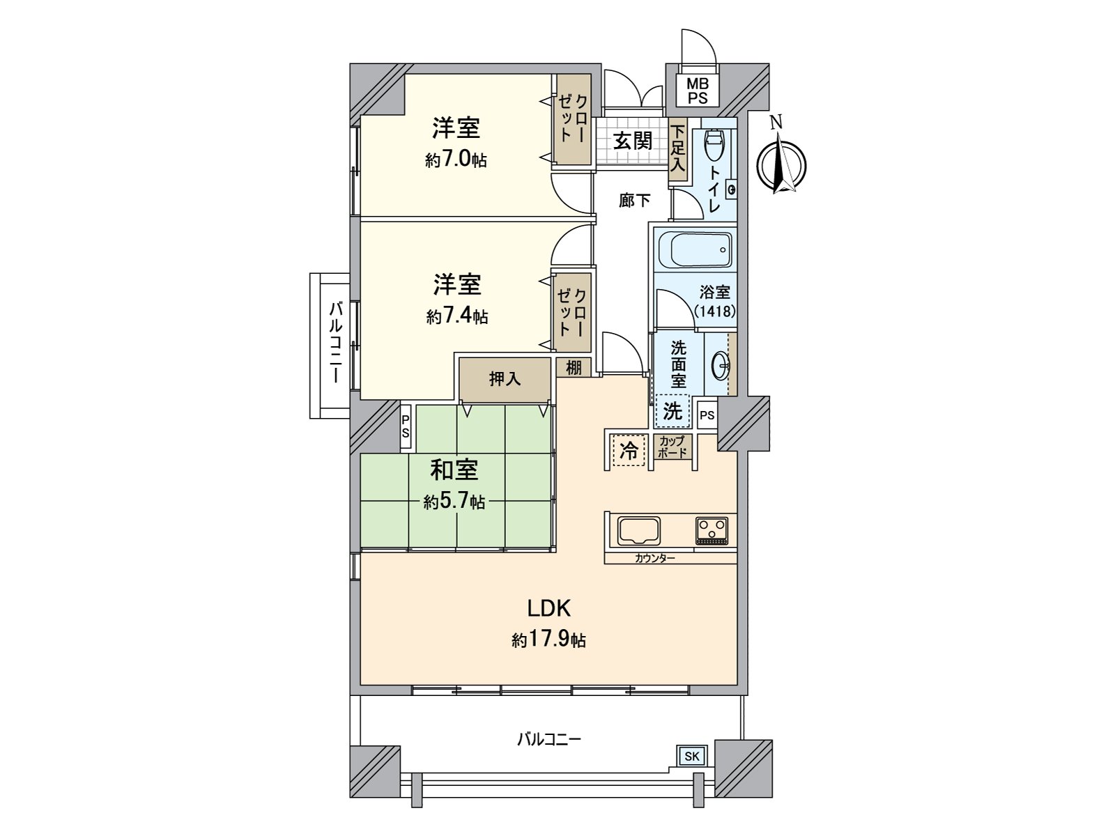 陽光良好度的朝南的住戸。有全居室收納，并且能和感覺清醒保持住空間。
