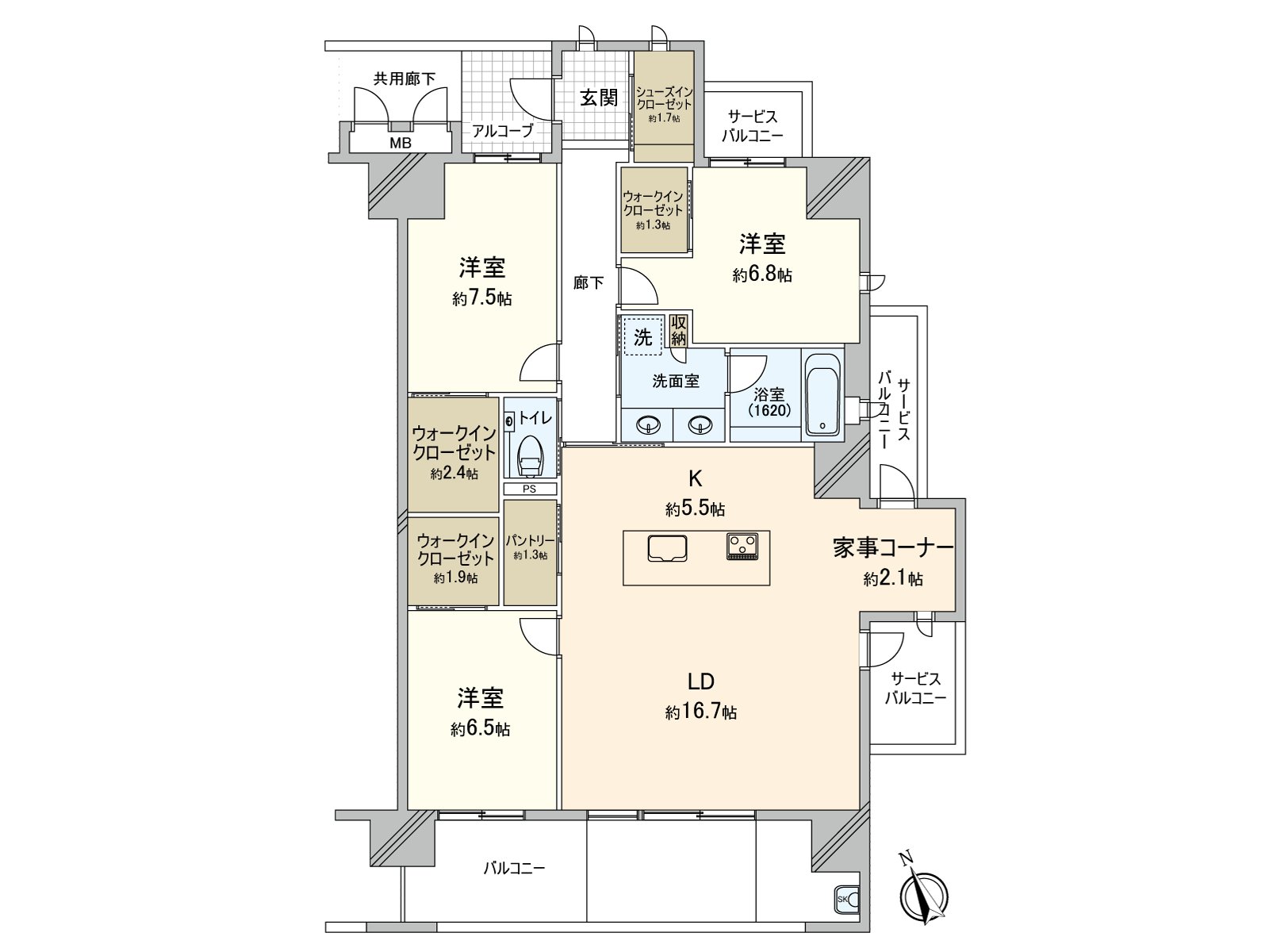 走入式鞋櫃·餐具室、各居室的嵌入式衣櫃是存儲空間豐富的3LDK的房型。