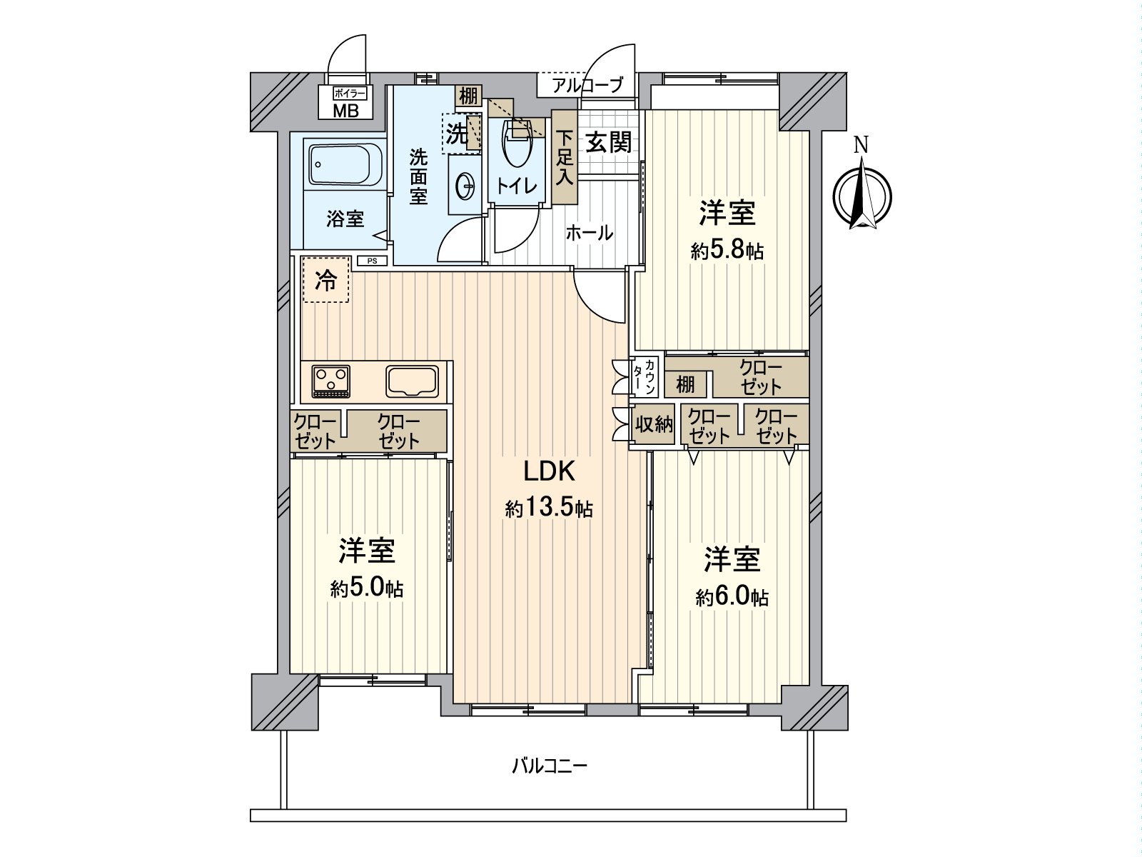 是3个房间面向朝南的阳台的设计。