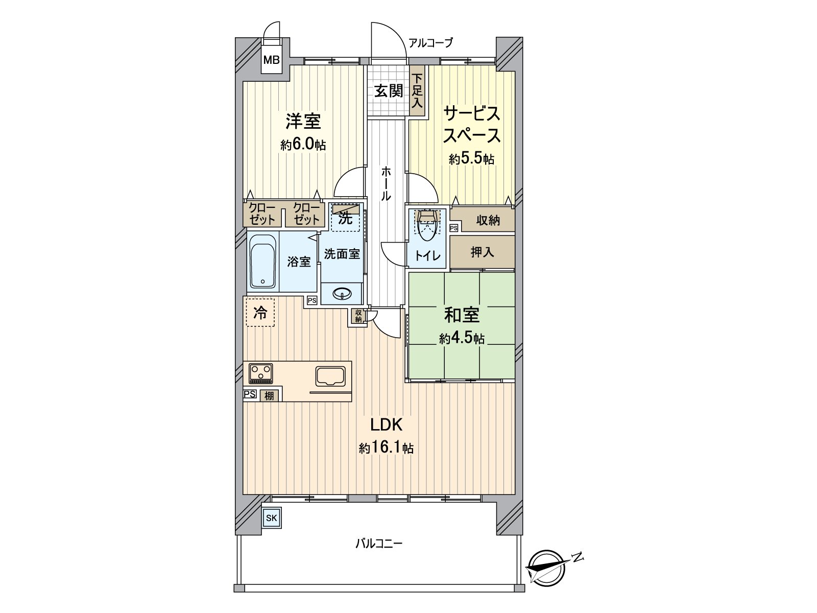 It is about 69.90 square meters of exclusive area, room of 2SLDK.