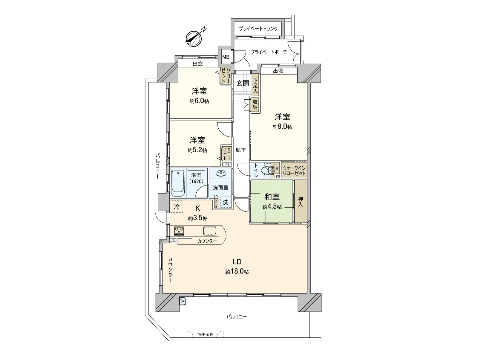 好用的4LDK的房型。阳光，通风为东南、西南边角房良好。