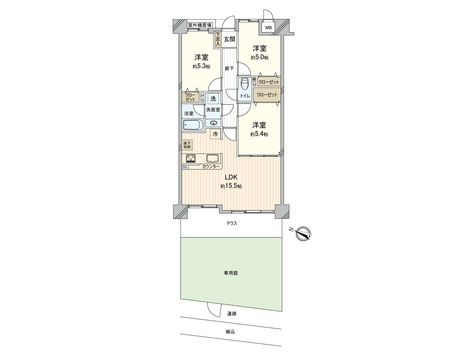 3LDK, Terrace becomes with an exclusive garden.