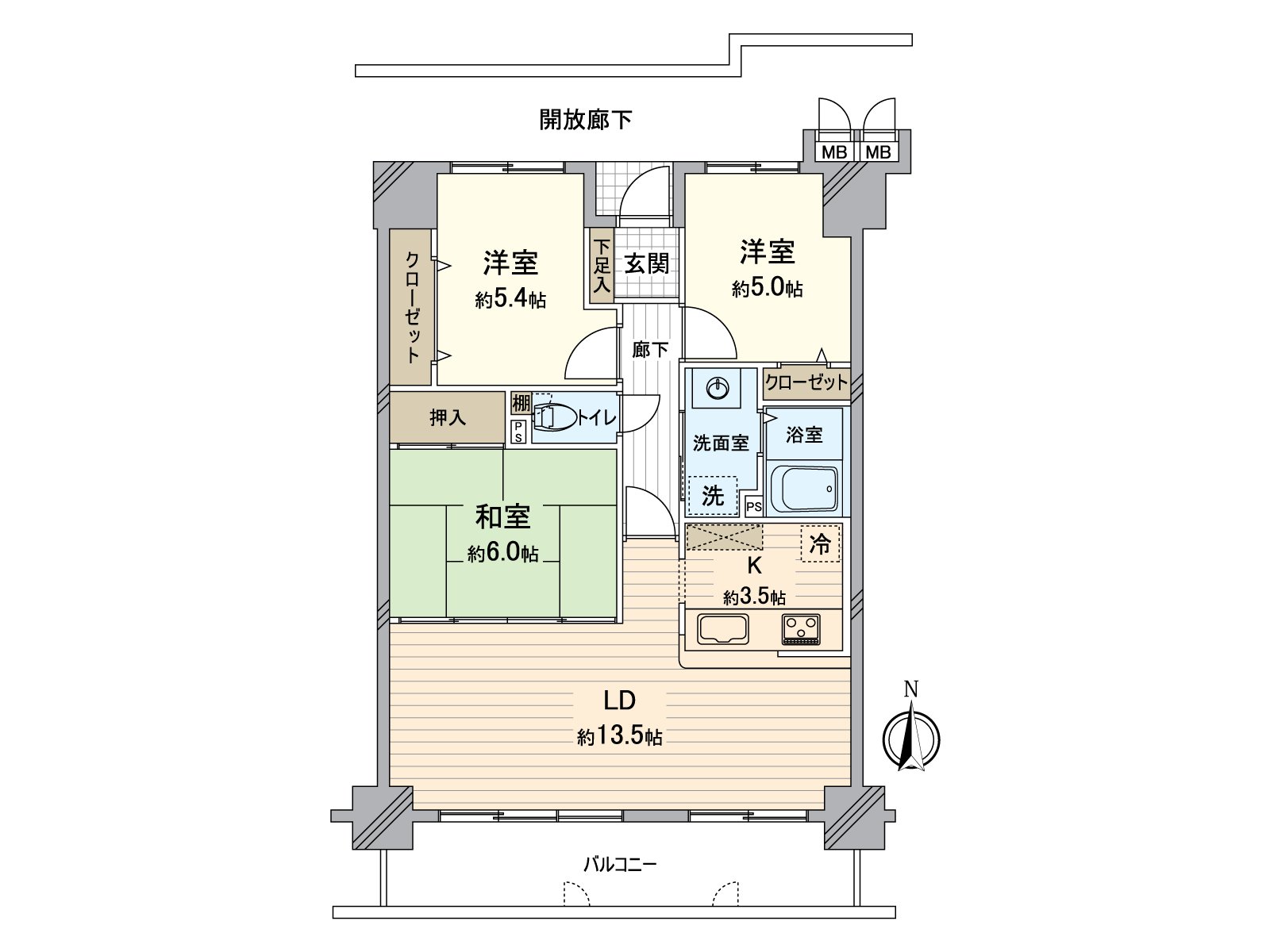 超過約5張塌塌米3LDK每個居室有。
