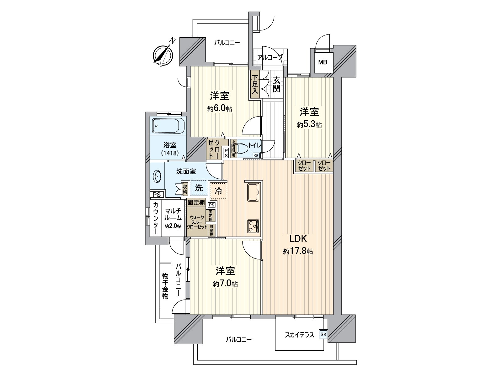 是3LDK+S+WTC的房間。各居室有存儲空間。