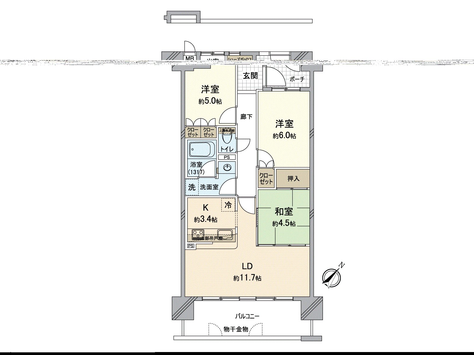 面向东南的，并且在3LDK的房间每个居室备有收纳