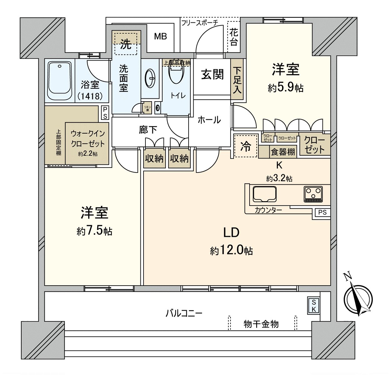 2LDK, Price 46.8 million yen, exclusive area 67.95m2, Terrace 17.75m2 in area