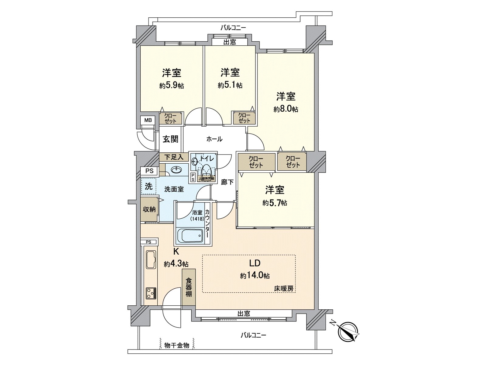 具有面向西南、东北的2面阳台的4LDK。到处有收纳，能广泛地确保居住空间。在2025年2月，已经厨房、浴室、厕所等的全部已换新，地板张替，Cross换新其他，装修翻新。