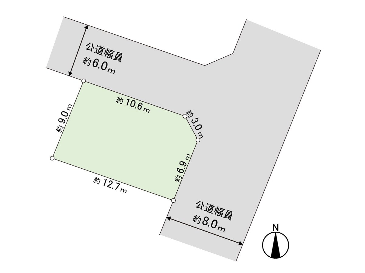 地方型图，土地面积：113.51平米(约34.33坪)，角地，东南一侧公路幅员约8.0m，约6.9m接道，东北一侧公路幅员约6.0m，约10.6m接道