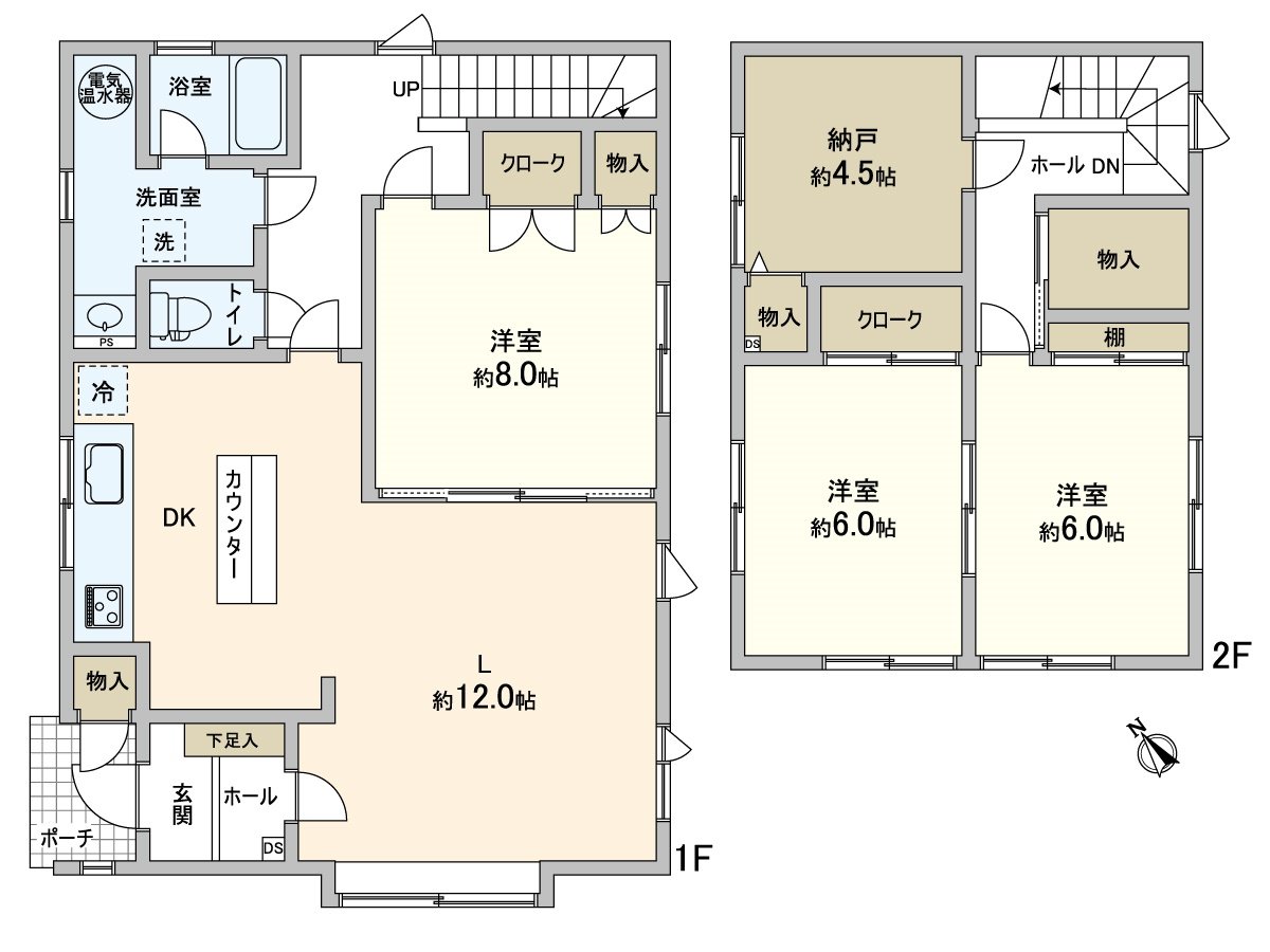 Floor plan, 3SLDK, the heating hot water supply are oar electrification, the first floor: About 12 quires of living and about eight quires of Western-style rooms, the second floor: It is expenses in about six quires of Western-style rooms, Western-style room about six quires, 3SLDK of about 4.5 quires of storerooms, all rooms storing available, the second-floor hall