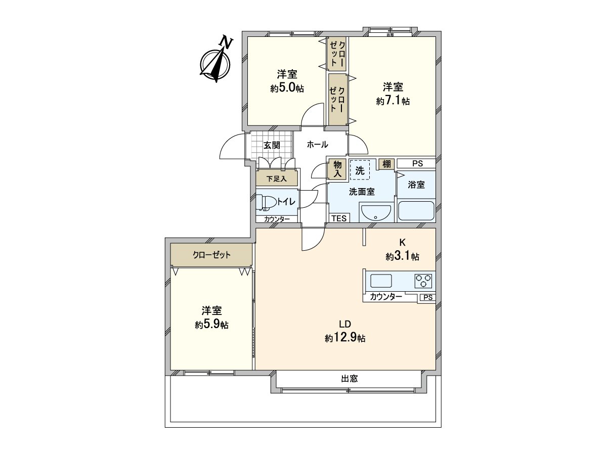 房型图，3LDK，价格2780万日元，专有面75.12m2，阳台面积13.12m2