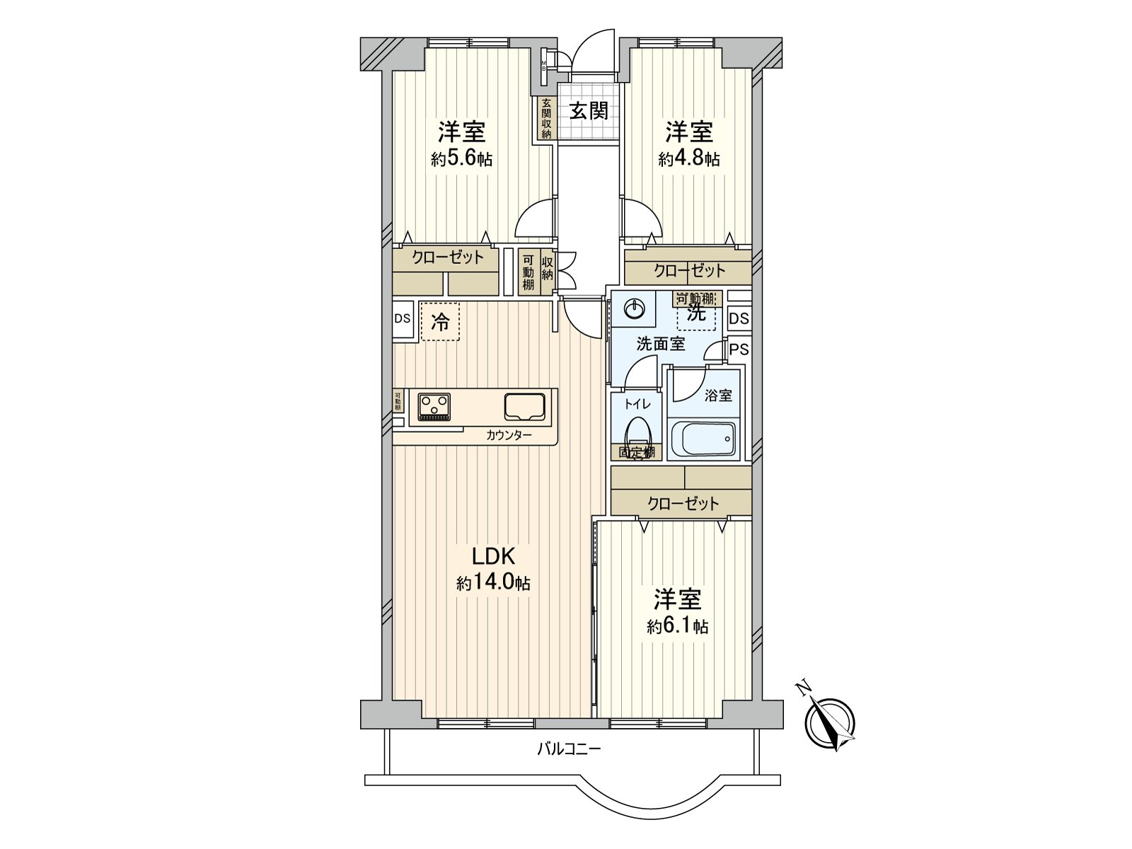实际使用面积71.73平方米的3LDK