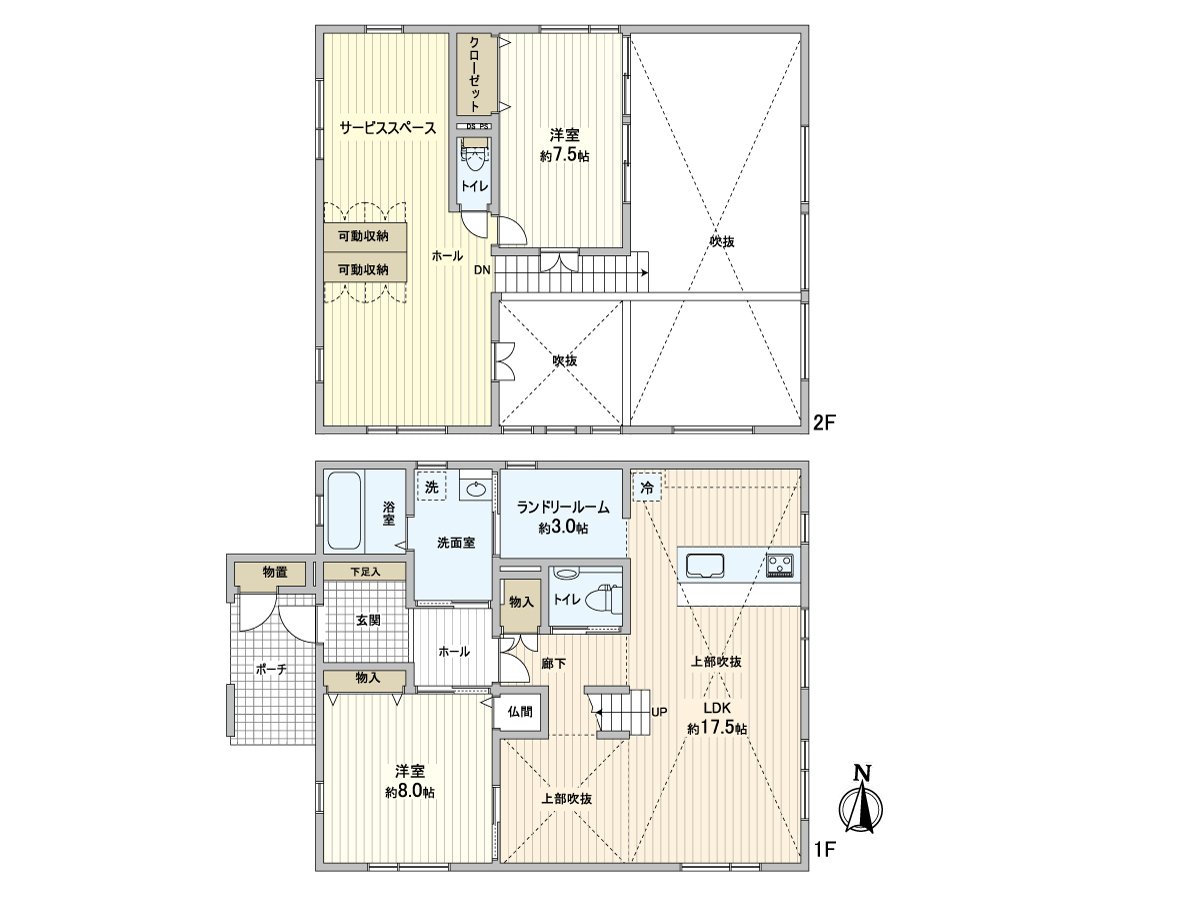 2樓非居室部分根據隔開設置當做居室變更對3LDK～4LDK的房型可(有償)