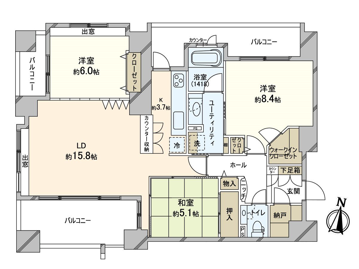 平面圖私人使用面積89.52平方公尺的3LDK