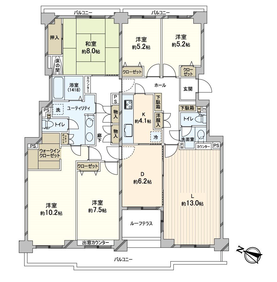 5LDK, exclusive area 145.43 square meters, 13-story Top Floor corner unit