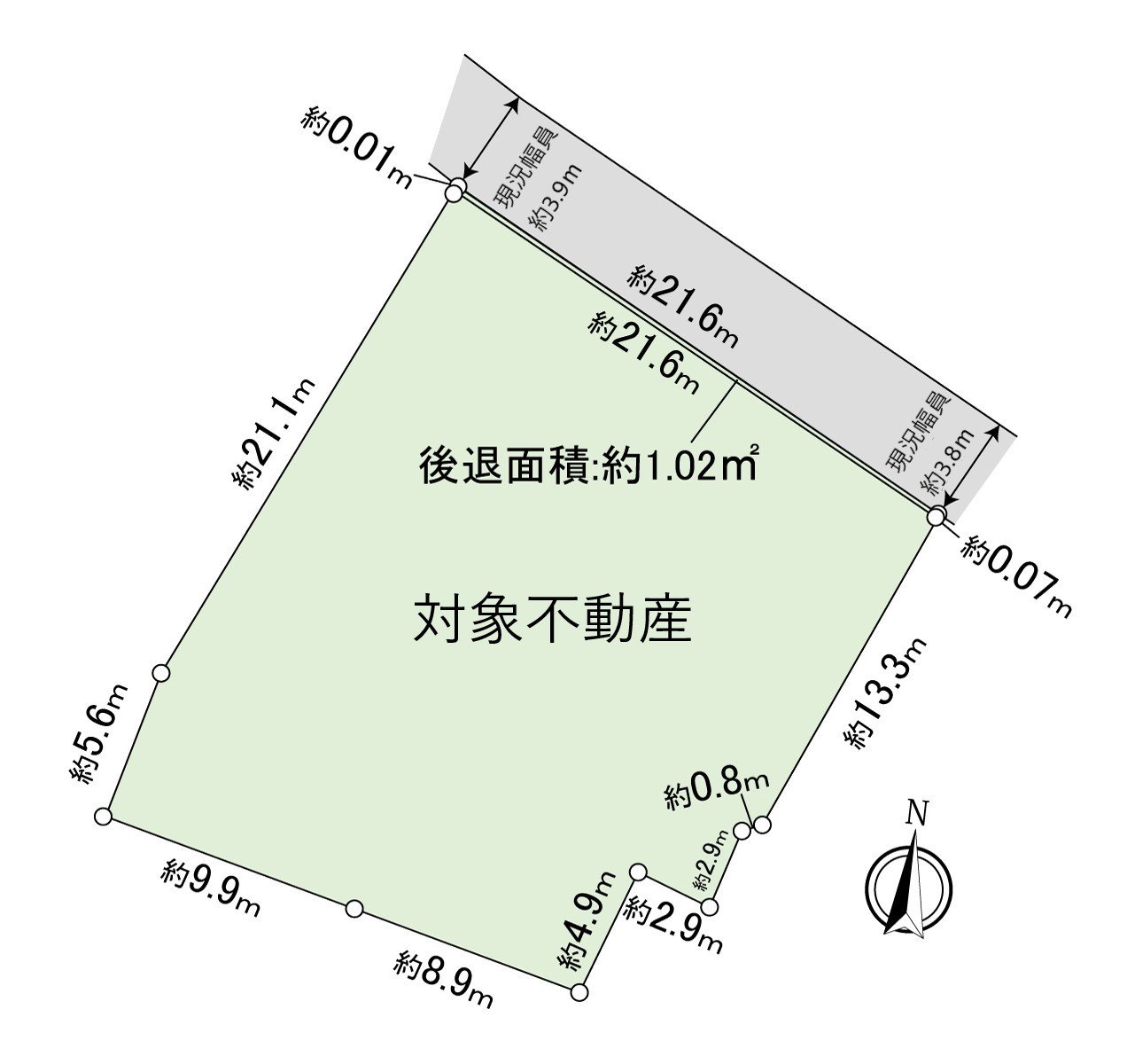 土地面积：522.31平米(约157.99坪)※包括建筑退缩尺度约1.02平米在内的正面宽度：约21.6m前面道路幅员：约3.8m