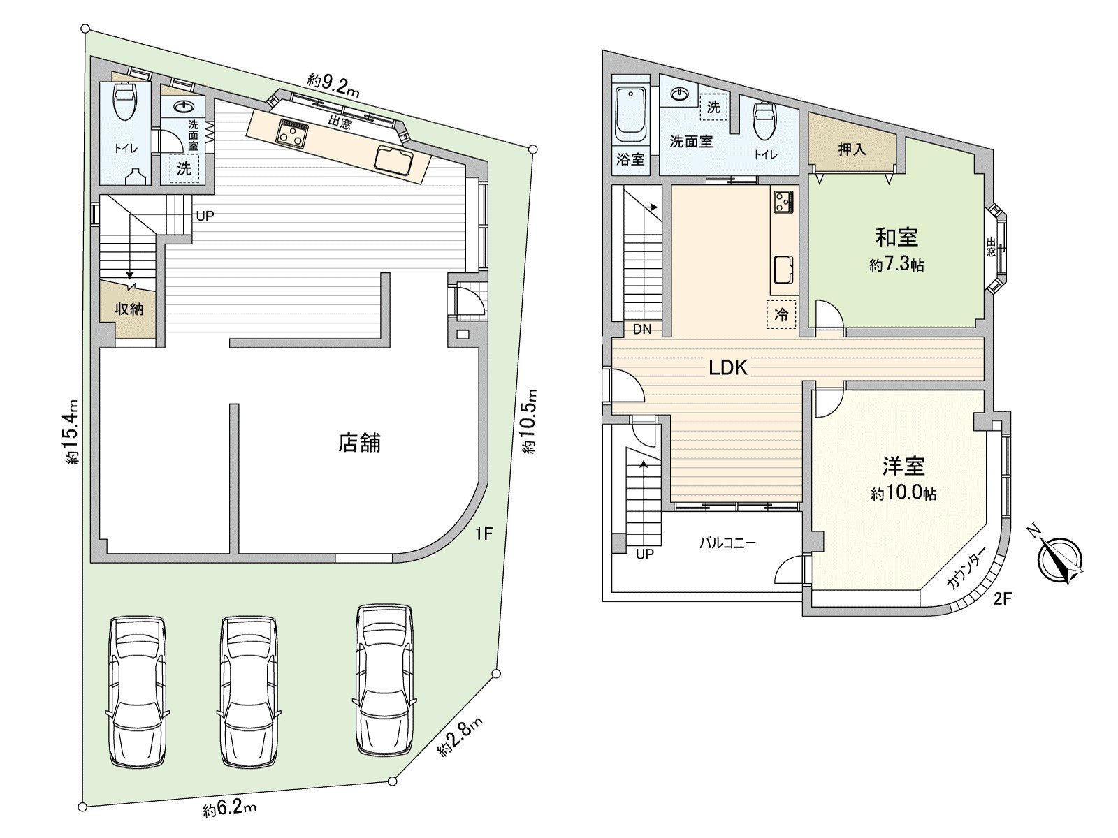 1樓有店鋪空間和停車場，廚房以及廁所，洗臉室被在店鋪內部安置。2樓是住房部分，并且約10張塌塌米西式房間和約7.3張塌塌米和式房間，LDK，浴室，洗臉室，廁所被安置。
