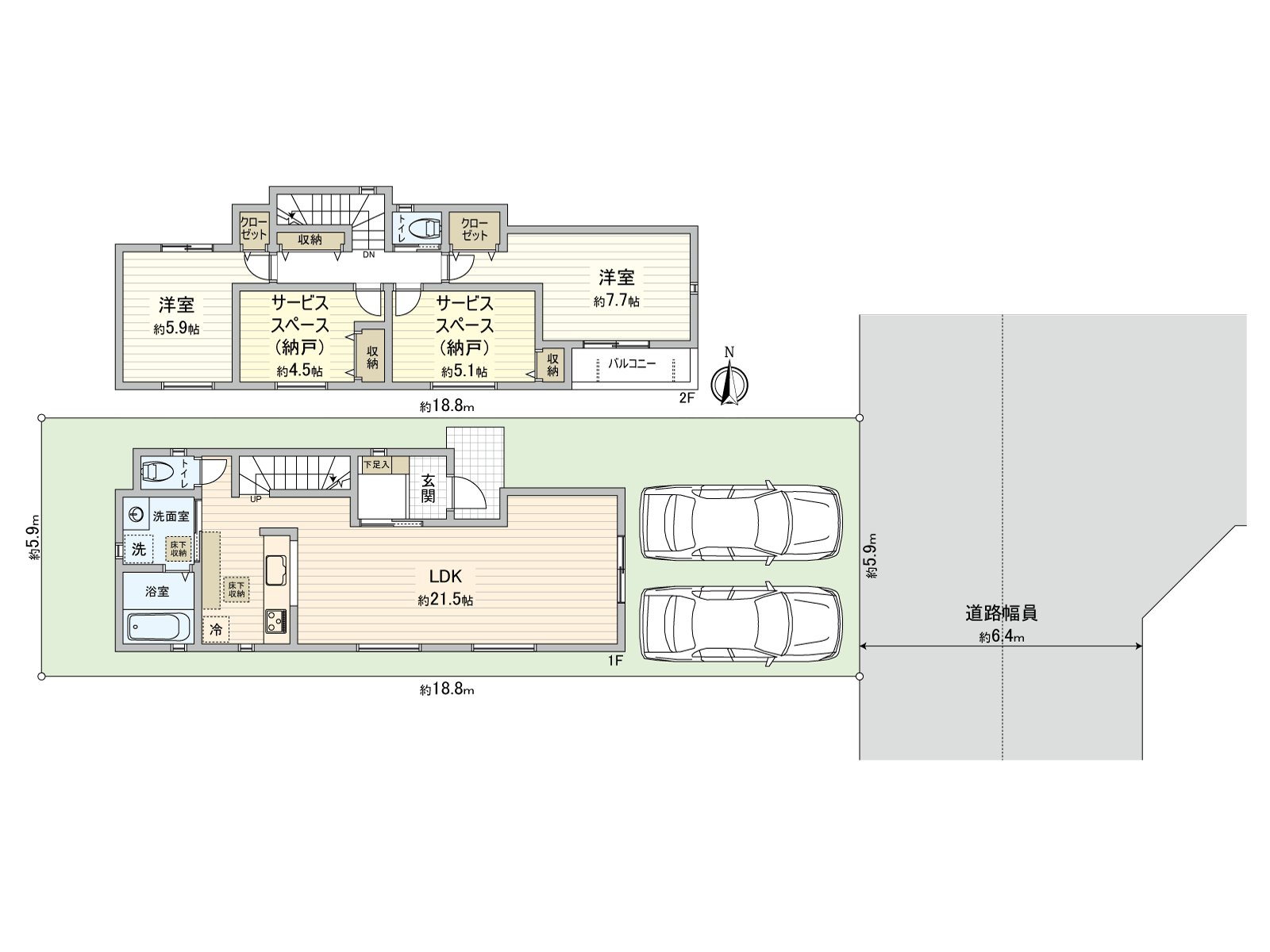是表示全体房源的版面设计的房型图。约21.5张塌塌米LDK被安置，厨房、洗脸室、浴室的流迹线正在小型解决。收纳也充实。