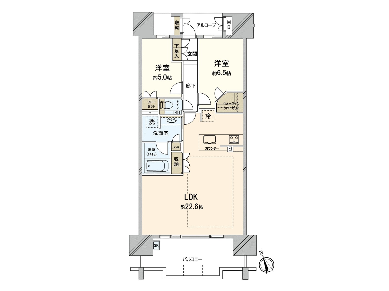 LDK is wide, and it faces the terrace of the south side with 22.6 tatami. The kitchen is with a counter and is the placement that a housework line of flow is easy to be gathered up. A walk-in closet is established in a Northeast Western-style room, and the storing power is substantial, too.