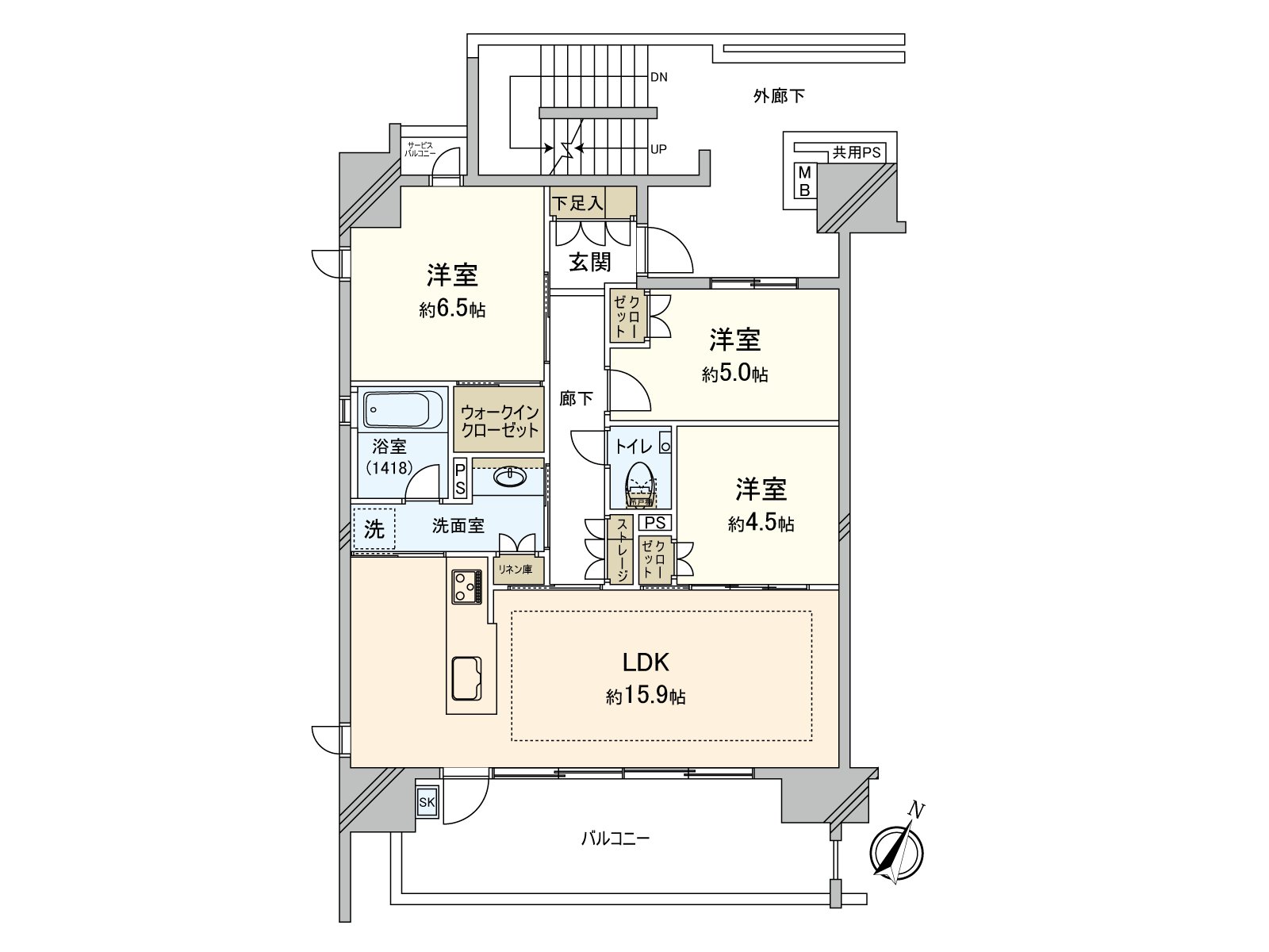 It is the floor plan which showed a layout of the whole Properties. Around about 15.9 quires of LDK, it is located three rooms a Western-style room. A walk-in closet and a storage, the storing including the storage of linen are enriched and are the design that a life line of flow was arranged.